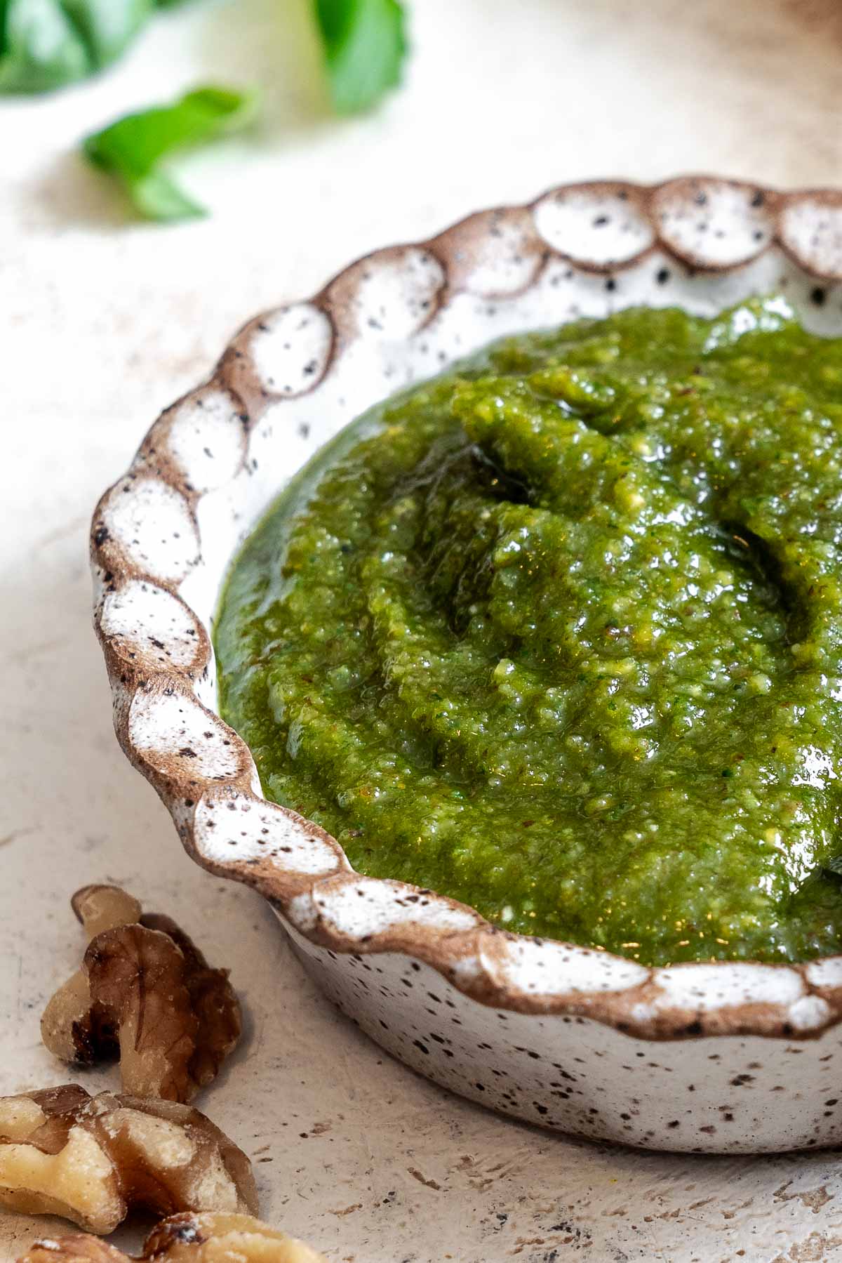 Completed Easy Walnut Pesto in a bowl.