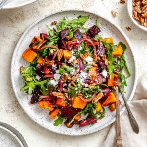 Completed Roasted Beetroot Sweet Potato Salad on a plate.